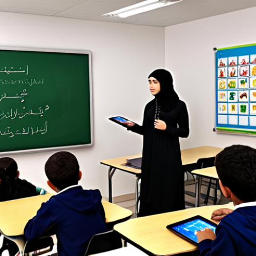Home 15 **
Interactive classroom scene. Students actively participating in a lesson using tablets and a smartboard. A teacher is facilitating, encouraging critical thinking and collaboration. Bright and engaging atmosphere. Arabic script elements subtly incorporated into the background design (e.g., posters, decor).
**