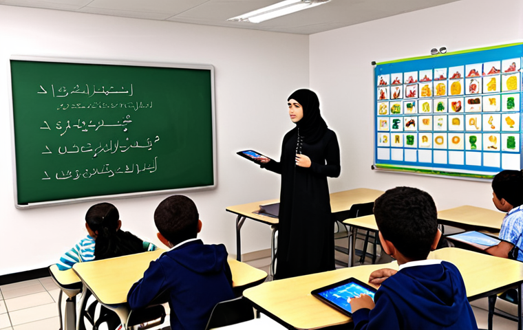 **
Interactive classroom scene. Students actively participating in a lesson using tablets and a smartboard. A teacher is facilitating, encouraging critical thinking and collaboration. Bright and engaging atmosphere. Arabic script elements subtly incorporated into the background design (e.g., posters, decor).
**