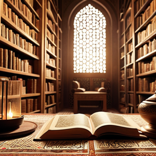 Home 14 **Arabic Literature Scene:** A cozy, warmly lit library filled with Arabic books, an open book displaying Arabic calligraphy, soft light highlighting the intricate details, evoking a sense of history and inspiration.