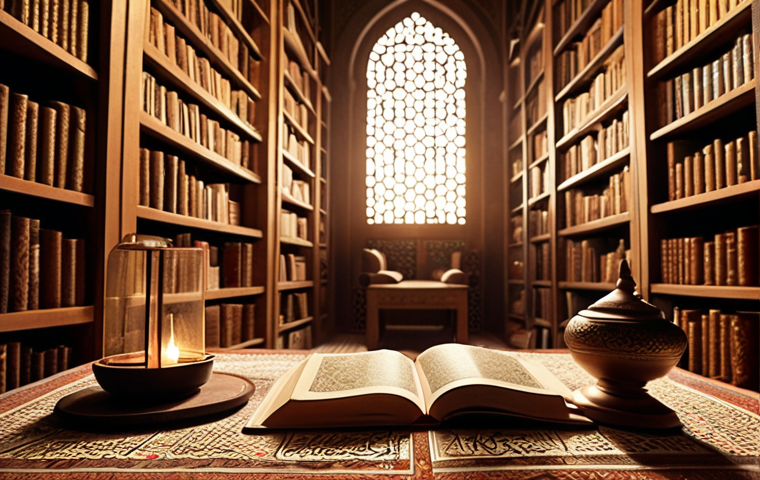 **Arabic Literature Scene:** A cozy, warmly lit library filled with Arabic books, an open book displaying Arabic calligraphy, soft light highlighting the intricate details, evoking a sense of history and inspiration.