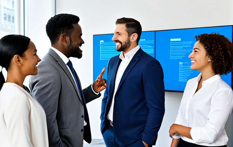 A diverse group of professional individuals, male and female, of various ethnicities, engaged in a collaborative brainstorming session in a bright, modern office space. They are fully clothed in modest business suits and professional attire, standing around a large interactive screen, pointing and sharing ideas with enthusiastic expressions. The scene emphasizes teamwork and diverse perspectives. Perfect anatomy, correct proportions, natural poses, well-formed hands, proper finger count, natural body proportions. High-resolution professional photography, vibrant colors, clear focus. safe for work, appropriate content, fully clothed, professional, family-friendly.
