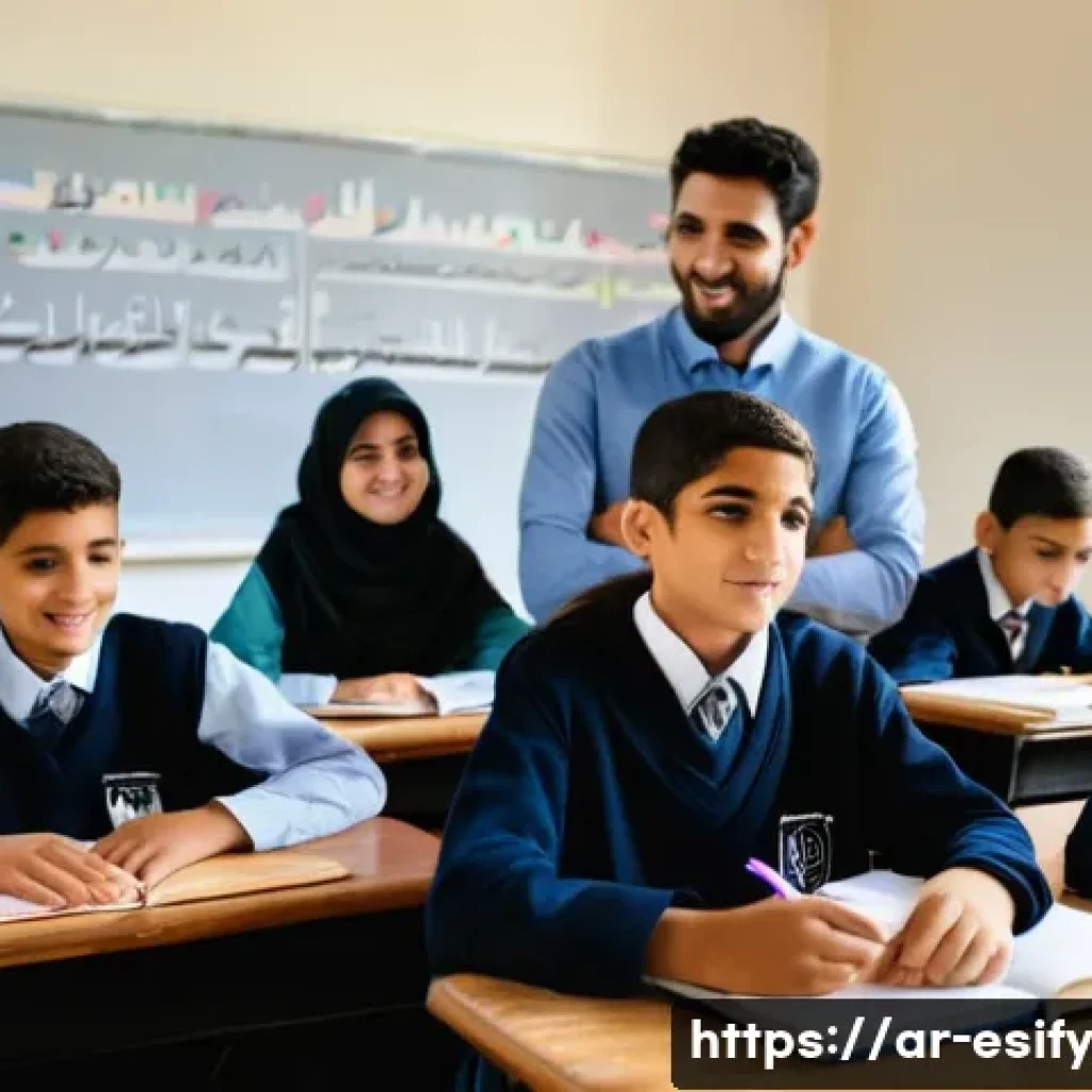 소통을 통한 학습자 성취도 향상 전략 - A warm and inviting classroom scene in a modern Middle Eastern school, showing an Arab male teacher ...