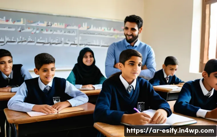 소통을 통한 학습자 성취도 향상 전략 - A warm and inviting classroom scene in a modern Middle Eastern school, showing an Arab male teacher ...