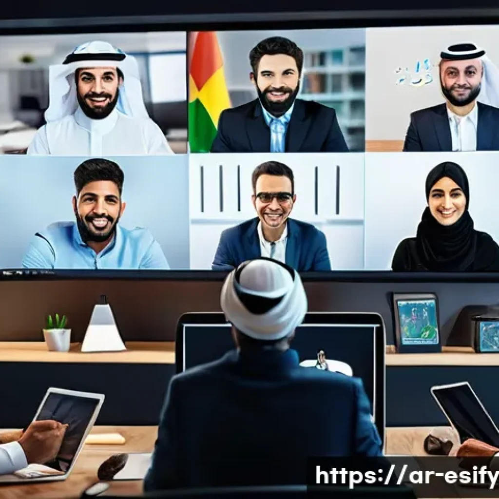 다양한 소통 경로에 대한 이해 - A vibrant digital office scene showing a diverse group of Arabic-speaking professionals engaged in a...