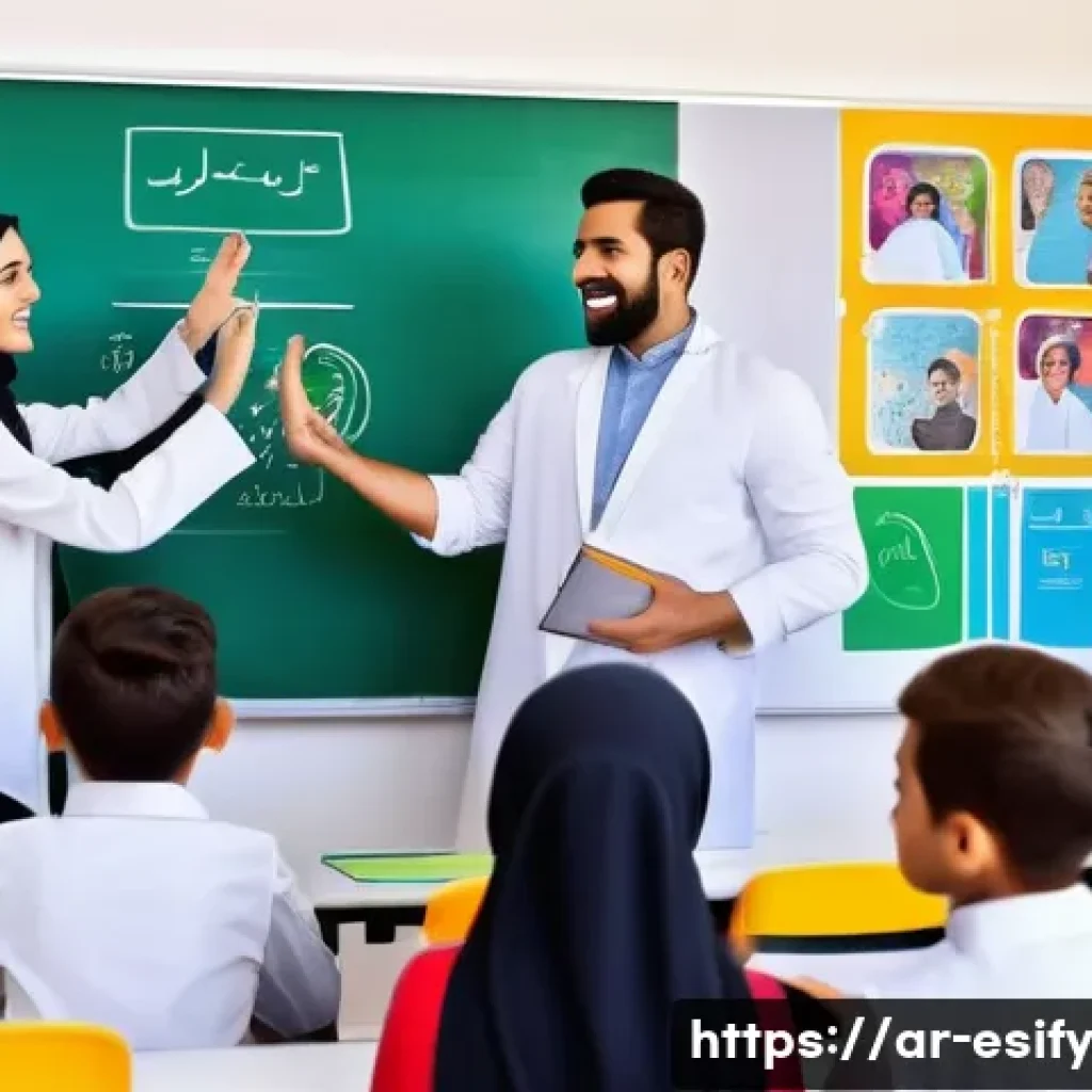 소통의 기법을 통한 학습자 성과 향상 - A modern Arab classroom scene featuring a diverse group of enthusiastic students and a female teache...