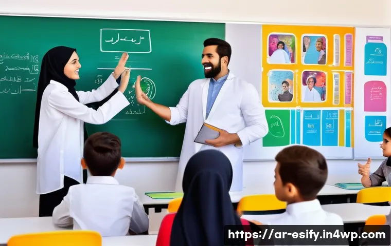 소통의 기법을 통한 학습자 성과 향상 - A modern Arab classroom scene featuring a diverse group of enthusiastic students and a female teache...