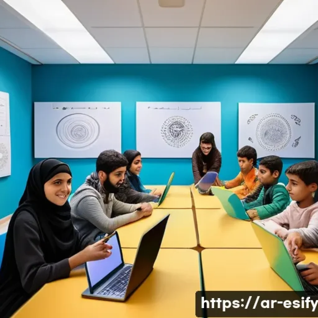 디지털 학습 환경에서의 소통 증진 방안 - A vibrant digital classroom scene set in a modern Middle Eastern educational environment, showing a ...