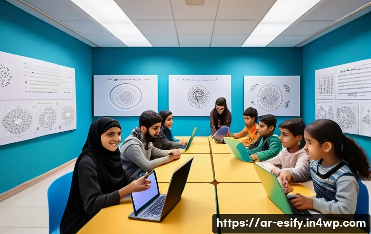 디지털 학습 환경에서의 소통 증진 방안 - A vibrant digital classroom scene set in a modern Middle Eastern educational environment, showing a ...