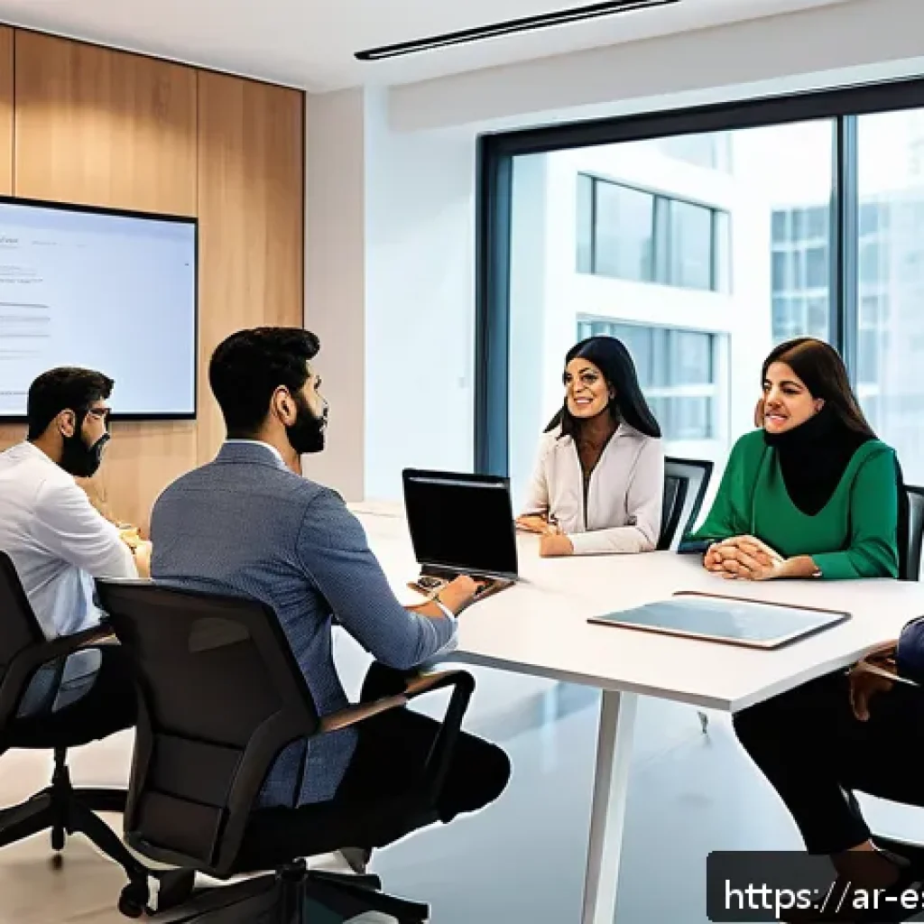 실시간 소통 툴 활용법 - A modern Arabic office setting with a diverse team of professionals collaborating using multiple ins...