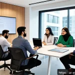 Home 22 실시간 소통 툴 활용법 - A modern Arabic office setting with a diverse team of professionals collaborating using multiple ins...