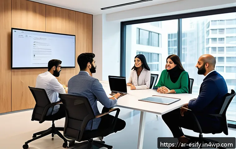 실시간 소통 툴 활용법 - A modern Arabic office setting with a diverse team of professionals collaborating using multiple ins...