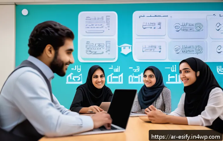 소통을 통한 개인화된 학습 경험 제공 - A modern Arabic classroom scene showing a diverse group of students and a teacher engaging in a live...