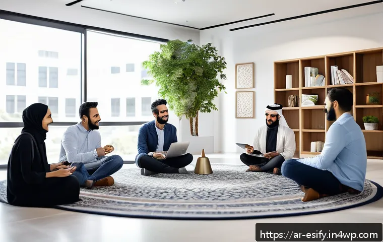 소통 강화를 위한 활동 설계법 - A diverse team of Arabic-speaking professionals in a modern open office space designed with Middle E...