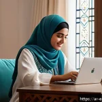 Home 18 비대면 소통의 장점과 단점 분석 - A warm, modern Middle Eastern family scene showing a young Arab woman in modest, stylish clothing us...