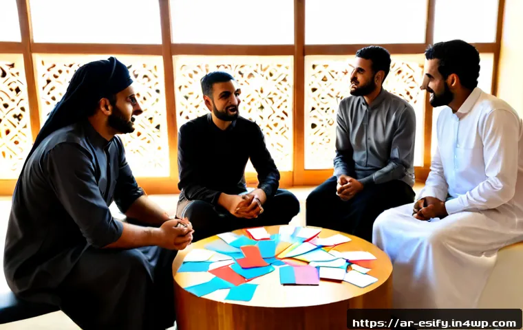 Home 17 참여를 높이는 소통의 창의적 접근법 - Photorealistic creative community workshop in a modern Arab cultural center, diverse Arab adults sea...